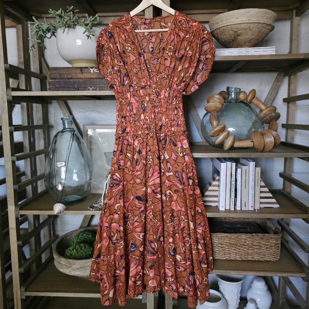 A.L.C. Lucia Corset Waist Cotton Fall Floral Midi Dress Size 0 Bronze Navy Coral